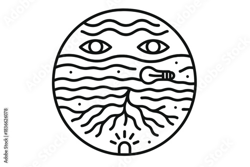 Subterranean Echo Icons. Line style vector icons of Subterranean Echo: layered soil lines, drifting waves, faint eyes, buried