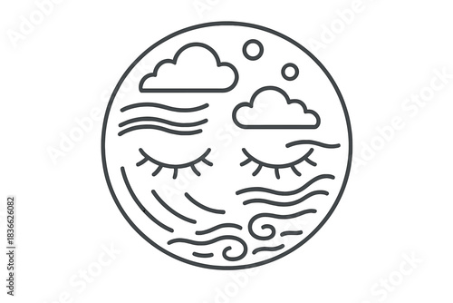Silent Rest Icons. Line style vector icons of Silent Rest: floating clouds, fading circles, luminous waves, closed eyes, curved