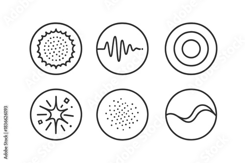 Forgotten Waves Icon. Line style vector icons of Forgotten Waves: static glow, fading rhythm, circular sound, fragmented light,