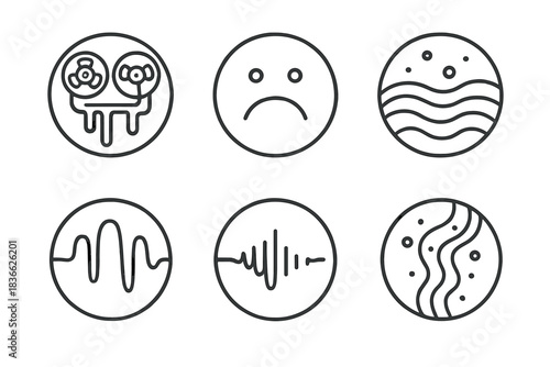 Melancholy Music Icons. Line style vector icons of Melancholy Recordings: curved reels, dripping trails, glowing dots, soft waves,