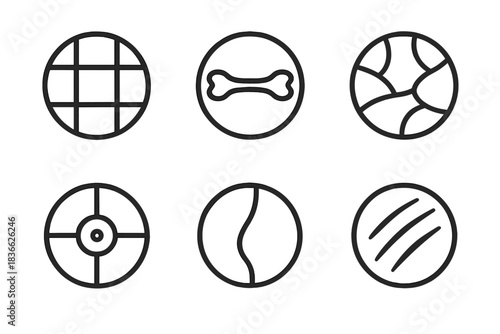 Origin Pattern Icons. Line style round vector icons of Origin Patterns: primal grid, bone line, earth mark, solar node, organic