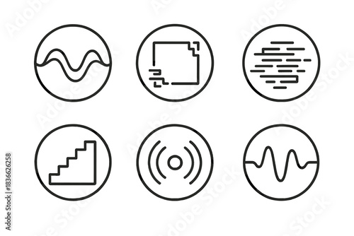 Abstract Digital Illusions. Line style round vector icons of Digital Illusion: warped wave, broken frame, glitch field, bending