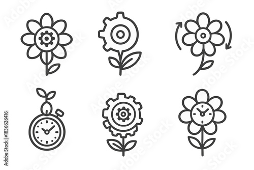 Botanical Clockwork Icons. Line style round vector icons of Botanical Clockwork: petal gear, stem cog, rotating flower, timed seed