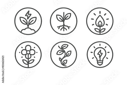 Bioelectric Plant Icons. Line style round vector icons of Bioelectric Growth: hybrid plant, voltage root, light sap, plasma flower