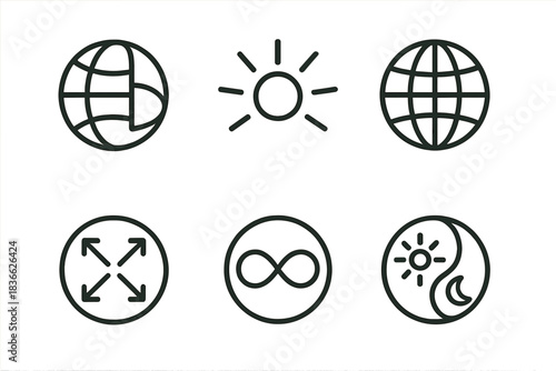 Spatial Infinity Icons. Line style round vector icons of Spatial Infinity: folded earth, radiant line, curved grid, expanding edge