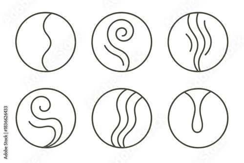 Whispering Vapor Icons. Line style round vector icons of Whispering Vapor: flowing thread, faint coil, light swirl, calm motion,
