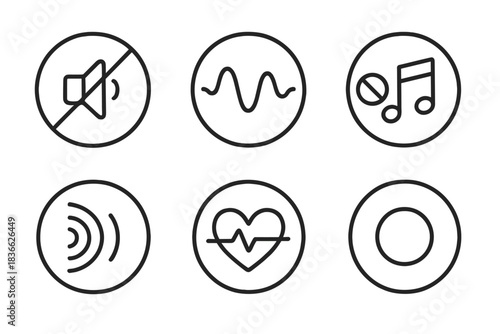 Silent Resonance Icons. Line style round vector icons of Silent Resonance: muted vibration, subtle wave, quiet tone, dim echo,