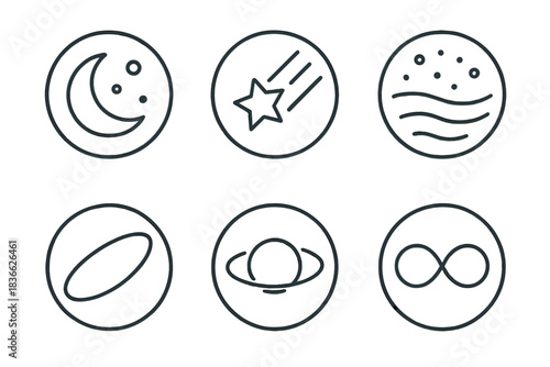 Celestial Vector Icons. Line style round vector icons of Celestial Drift: floating moon, falling star, hovering dust, curved orbit