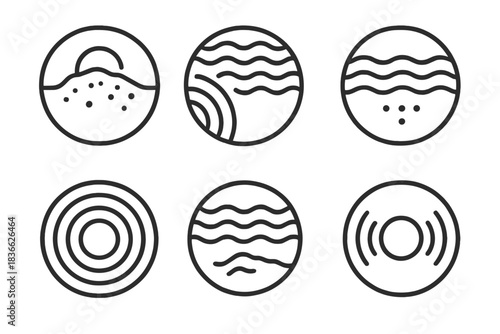 Subterranean Echo Icons. Line style round vector icons of Subterranean Echo: buried resonance, shadow pulse, soft murmur, deep