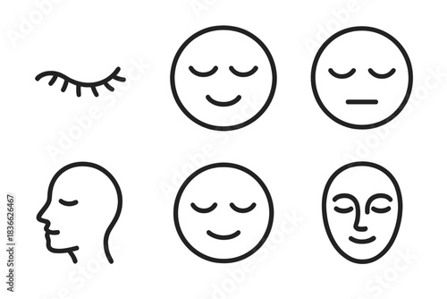 Tranquil Faces Icons. Line style round vector icons of Tranquil Faces: peaceful eye, curved expression, resting mouth, soft