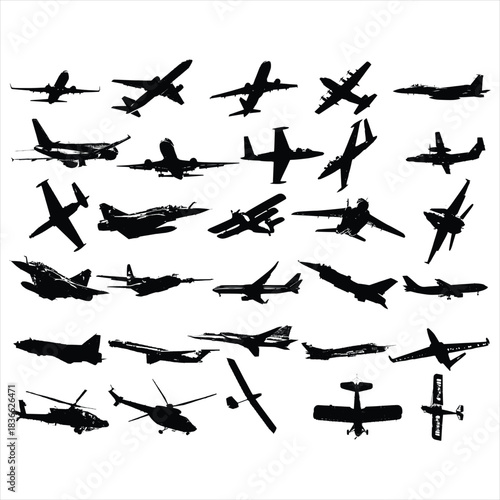 Aircraft Silhouette Collection – Commercial, Military, Helicopter, Glider, Aviation Icon Set