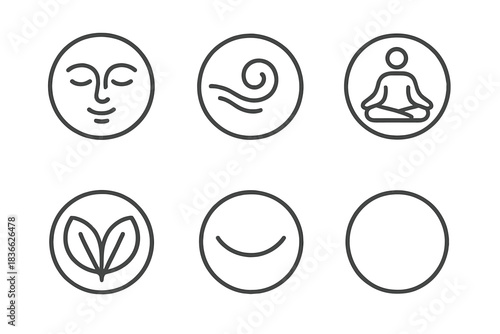 Inner Quiet Icons. Line style round vector icons of Inner Quiet: meditative face, curved breath, still soul, balanced symmetry,