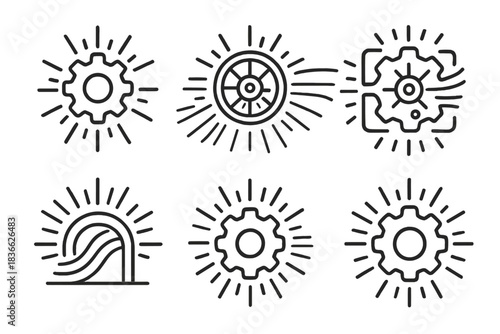 Radiant Machinery Icons. Line style round vector icons of Radiant Machinery: bright cog, rotating wheel, glowing mechanism, light