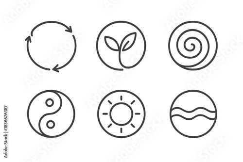 Natural Harmony Icons. Line style round vector icons of Natural Harmony: circular flow, living motion, radiant spiral, organic