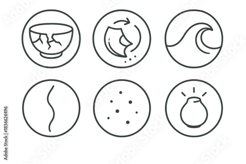 Porcelain in Motion. Line style round vector icons of Porcelain Motion: shattered bowl, spinning fragment, curved wave, smooth