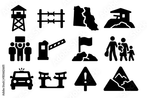 Border Conflict Icons. Solid style icons of border conflicts: watchtower, barbed wire fence, disputed line map, military outpost,
