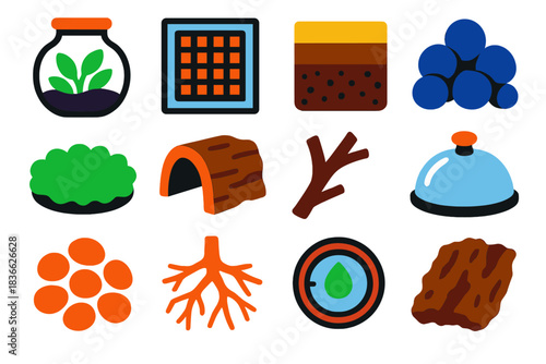 Terrarium Icon Set. Flat vector icons of Terrarium Structures: closed jar, ventilation mesh, soil layers, drainage rocks, moss