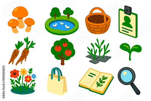 Urban Foraging Essentials. Isometric vector illustration set Urban Foraging: mushroom cluster, city park pond, round basket,