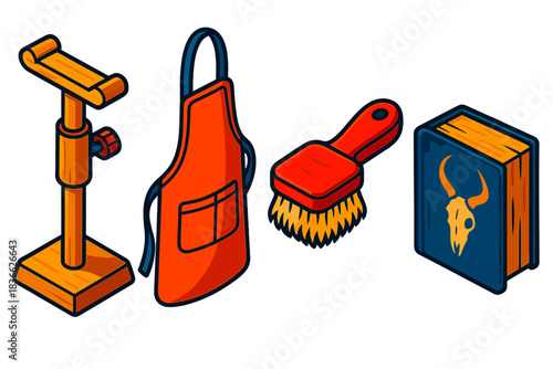 Taxidermy Workshop Elements. Isometric vector illustration set Taxidermy Workshop Scene: Wooden mounting stand, hanging apron, fur