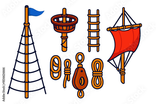 Isometric Sailing Icons. Isometric vector illustration set Rigging and Masts: wooden mast, crow’s nest, rope ladder, pulley block,