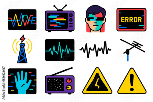Glitch Icon Set. Flat vector icons of Unknown Transmission: scrambled frequency, corrupted TV, glitching human face, flickering