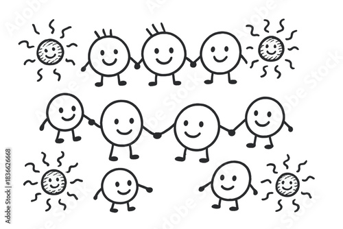 Happy Particle Doodle. Playful doodle standard model scene with happy quarks, electrons, and neutrinos holding hands, simplified