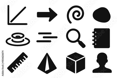 Physics Icon Set. Solid style icons of physics visualization and diagrams: graph, arrow, spiral, stone, water ripple, motion lines