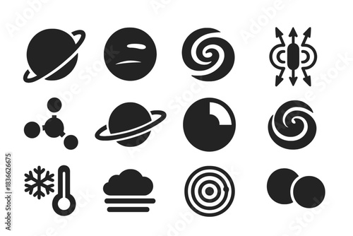 Ice Giants Icons. Solid style icons of ice giants Uranus and Neptune: tilted Uranus globe, Neptune with dark spot, icy atmosphere