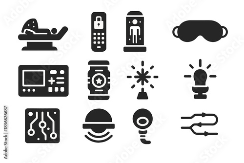 Futuristic Stasis Icons. Solid style icons of Futuristic Stasis: Cryo Bed, Digital Lock, Cryo Tube, Sleep Mask, Control Console,
