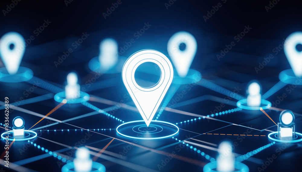 © photostockatinat - Network of Location: This striking visual showcases interconnected location markers within a digital landscape, symbolizing the modern concepts of connectivity, geolocation, and networking.