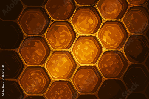 Golden Honeycomb. Artistic macro shot of a honeycomb illuminated by soft golden vector illustration light, sharp and intricate