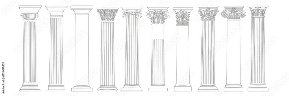 Fototapeta premium Line Greek pillars and Roman columns, ancient architecture and antique buildings, vector icons. Greece or Rome architecture column pillars of marble stone in line art with pilasters and ornate cornice