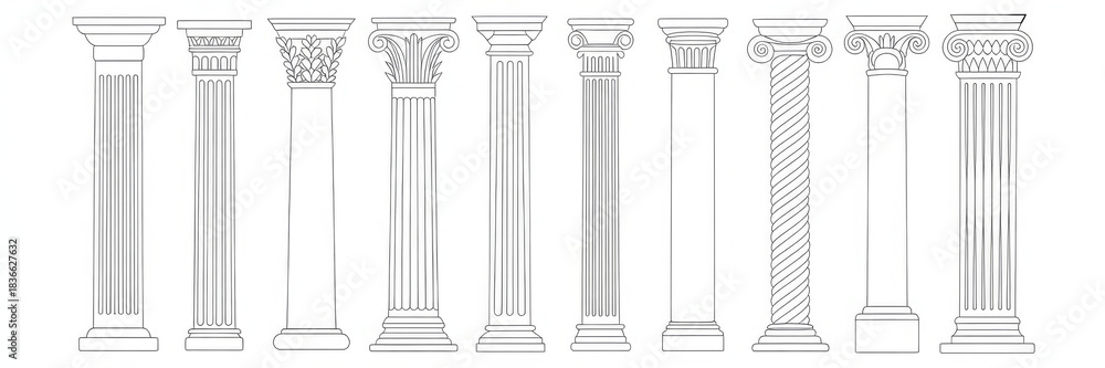 Obraz premium Line Greek pillars and Roman columns, ancient architecture and antique buildings, vector icons. Greece or Rome architecture column pillars of marble stone in line art with pilasters and ornate cornice