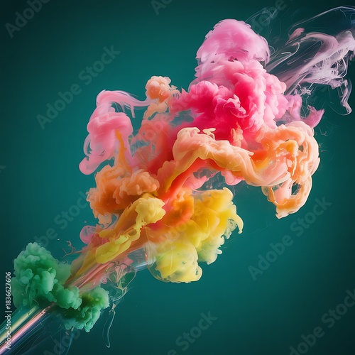 Vibrant pink orange yellow and green ink clouds swirling in dark teal water smoke