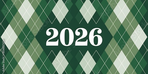 White 2026 numbers on dark green argyle pattern background year text