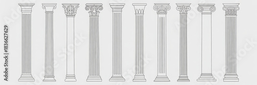 Line Greek pillars and Roman columns, ancient architecture and antique buildings, vector icons. Greece or Rome architecture column pillars of marble stone in line art with pilasters and ornate cornice