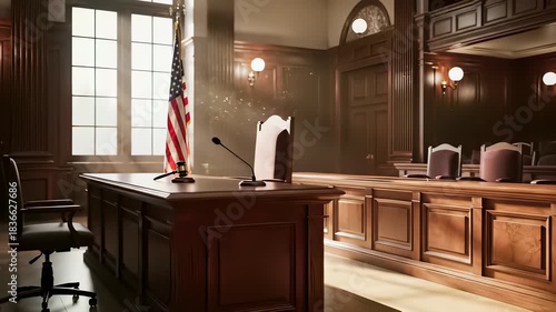 Professional courtroom setting with wooden desk, chair, and microphone surrounded by empty background and official flag, conveying authority, respect, and trustworthiness for communication or.