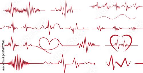 Red heartbeat line collection with heart symbol, cardiology, medical pulse, ECG, EKG design, healthcare clipart vector illustration, health monitoring, digital heartbeat graphics 