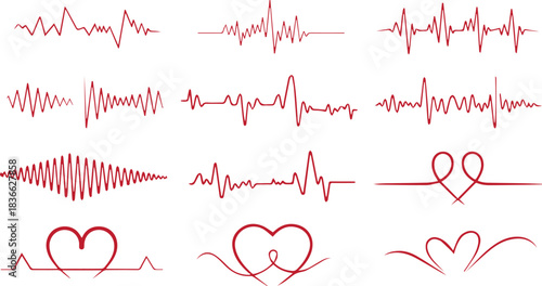Red heartbeat line collection with heart symbol, cardiology, medical pulse, ECG, EKG design, healthcare clipart vector illustration, health monitoring, digital heartbeat graphics 
