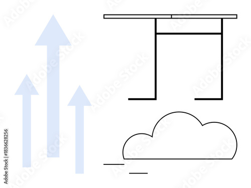Business growth, cloud computing, data storage, innovation, progress, technology. Upward arrows, a cloud and abstract lines. Growth and cloud computing concept for modern industries