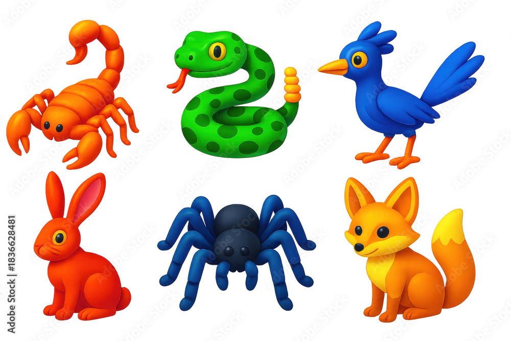 Obraz premium Set of six colorful cartoon animals, including a rabbit, a bird, a frog