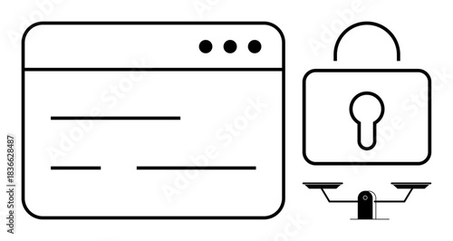 Cybersecurity, privacy, digital protection, law, data encryption, authentication. A browser window, padlock and scales symbol. Cybersecurity and privacy concepts secure web practices