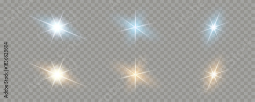 Set of transparent glowing star lens flare bursts and glowing sunburst effects. Bright white blue gold light, shine overlay. Editable vector illustration. 