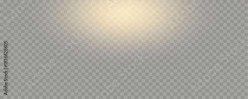 Subtle soft yellow glow or spotlight shining down from above on a transparent background. Sunrise overlay for light effect and design. Editable vector illustration.