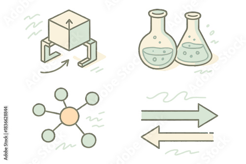 Isometric Science Icons. Isometric vector illustration set Prototype log entries: concept schematics, chemical flasks, energy