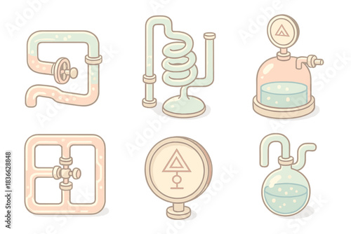 Alchemical Fluid Systems. Isometric vector illustration set Alchemical fluid systems: glass conduits, metallic valves, glowing