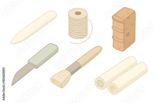 Book Restoration Tools. Isometric vector illustration set Book restoration toolkit: bone folder, linen thread, aged spine,