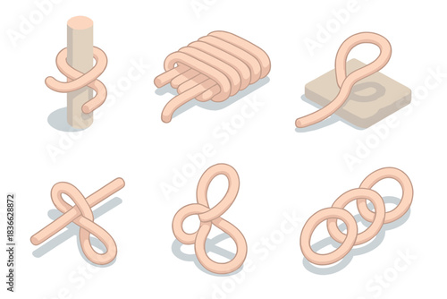 Rope Knot Illustrations. Isometric vector illustration set Survival rope studies: clove hitch start, wrapping strand pattern,