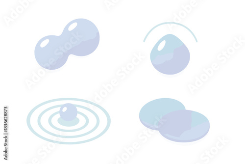 Transparent Liquid Geometry. Isometric vector illustration set Transparent liquid geometry: merging droplets, surface tension arcs