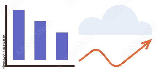 Bar chart with downward trend, orange line forming upward curve, cloud imagery in background. Ideal for business growth, analysis, strategy, goals, data visualization trends progress. Simple flat